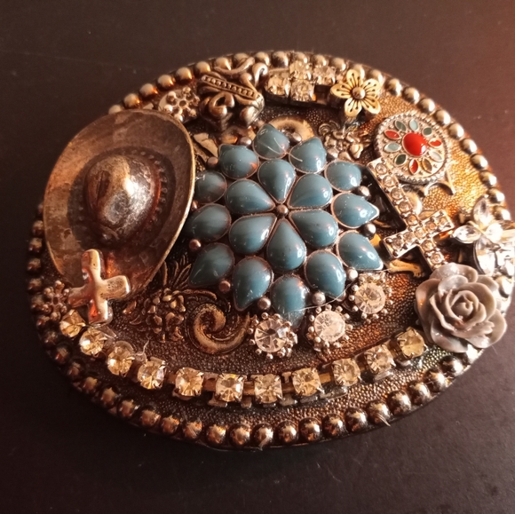 Fred Fellows Rhinestone, Turquoise & Silver 4"x3" Texas Style Buckle - Picture 1 of 4